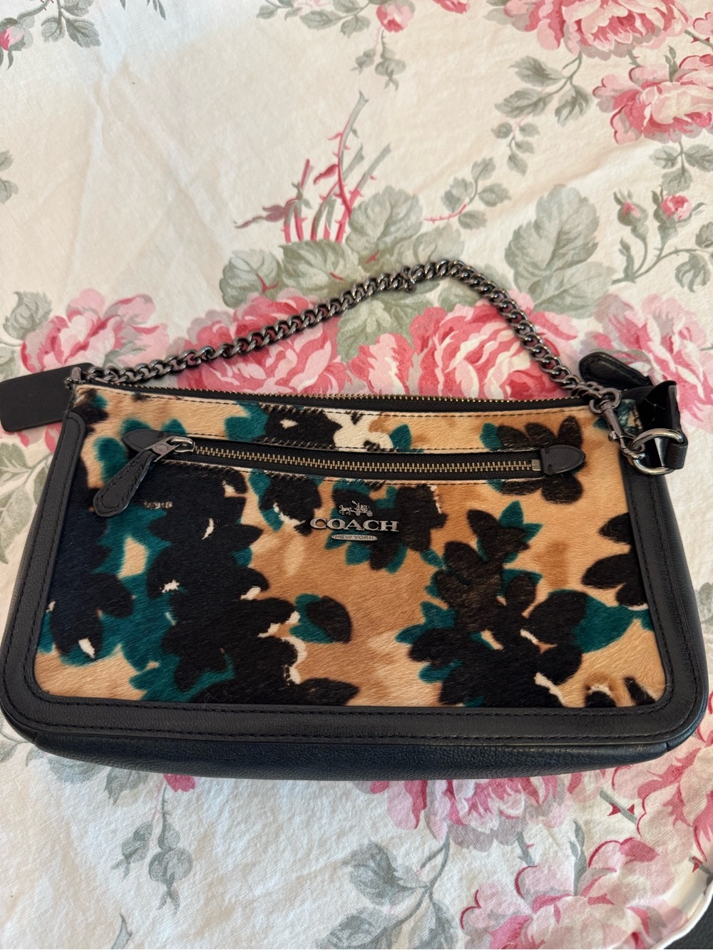 Coach Floral Nolita Leaf Calf hair purse - Tan, Black & Teal - Picture 6 of 8